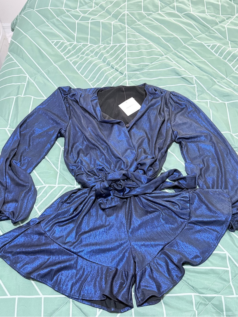 Shimmer Navy Blue Long-Sleeve Wrap Romper Dress